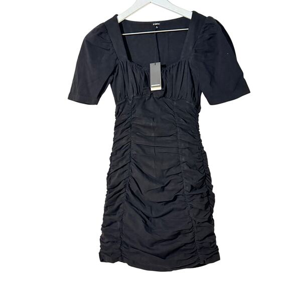Monrow Shirred Mini Dress Black Square Neck Fitted NWT Cotton Blend Small - Picture 3 of 9
